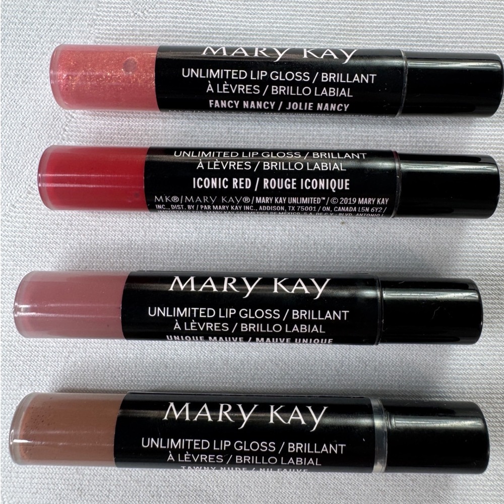 Mary Kay Unlimited Lip Gloss Mini Set Fancy Nancy Iconic Red Unique Mauve Tawny - Picture 3 of 4